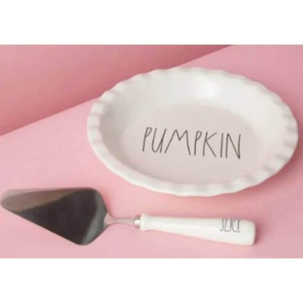 New Rae Dunn "PUMPKIN" Pie Dish with SLICE Serving‎ Spatula Halloween Fall 10.5”